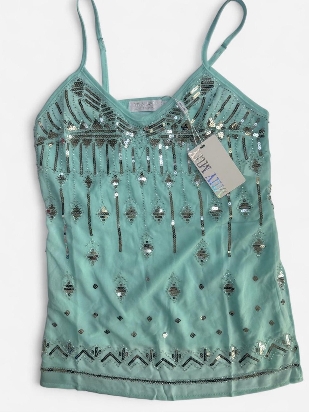 Muy Muy Sequin Embroidered Beaded Y2K Mint Cami Top Side Slits - Size XL - NWT